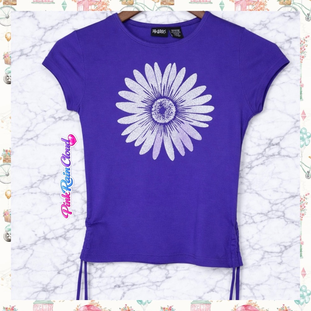 PBX Basics Girls Purple Daisy Y2K Graphic Side Ruched T-Shirt Size M